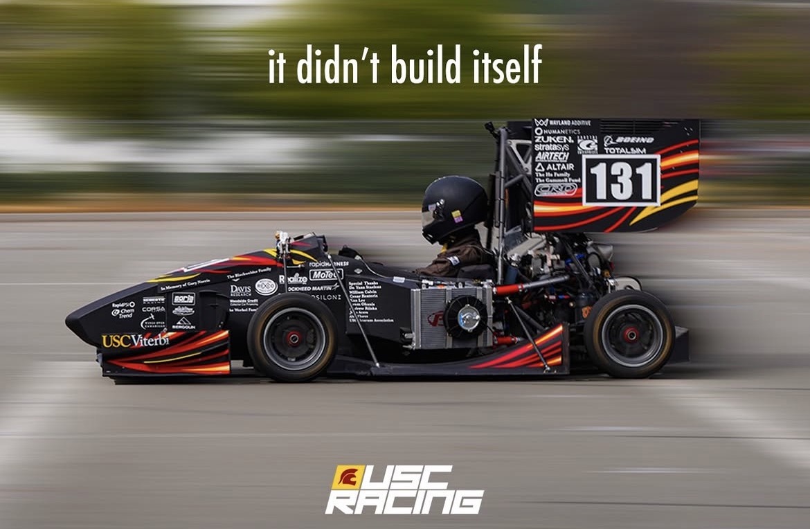 The USC Formula SAE car at speed on the track