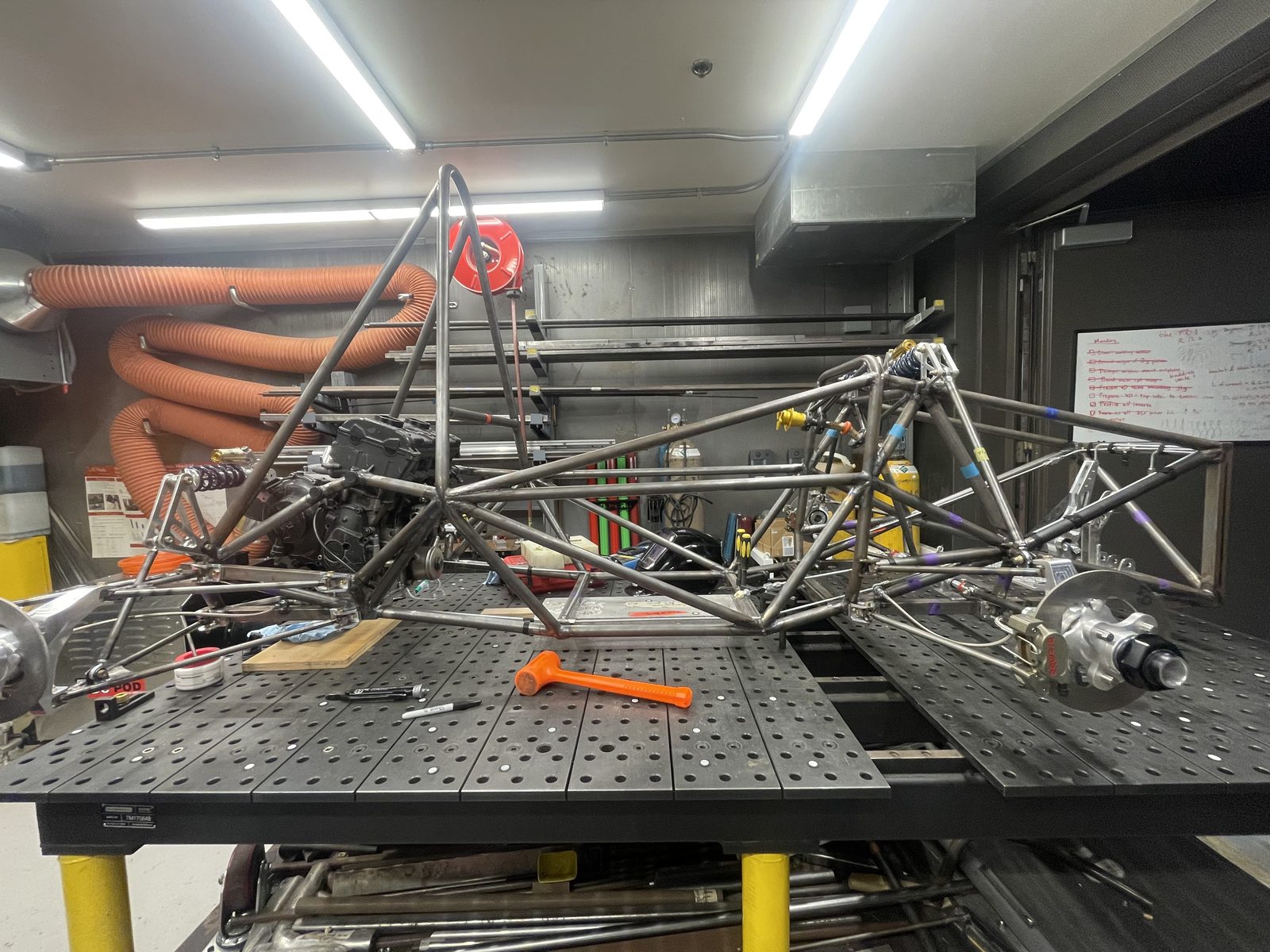 Welded steel chassis for the USC Formula SAE car on the fabrication table